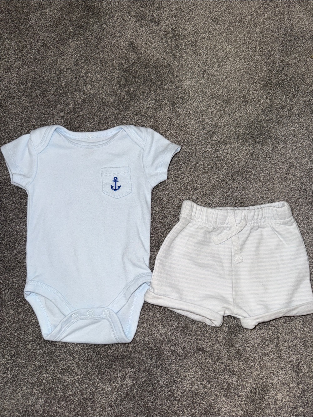 chick pea Light Blue Anchor Pocket Bodysuit with Cream Striped Shorts